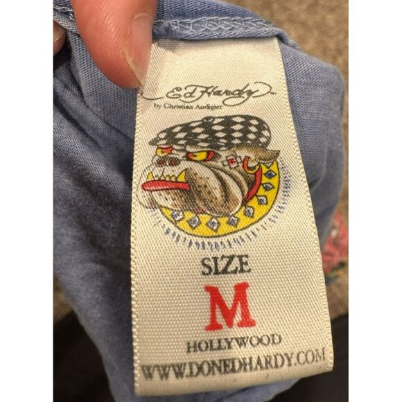 Vintage Ed Hardy Women’s V Neck Bling Shirt Skull Blue Medium EUC - Picture 4 of 6